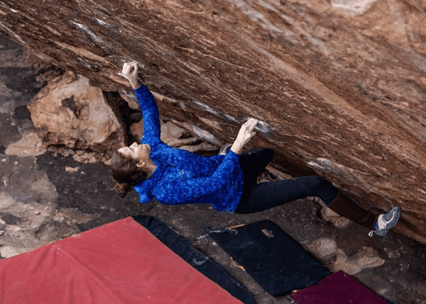 Kerry Scott sending the classic “Free Willy” in Hueco Tanks Tension Climbing Colorado